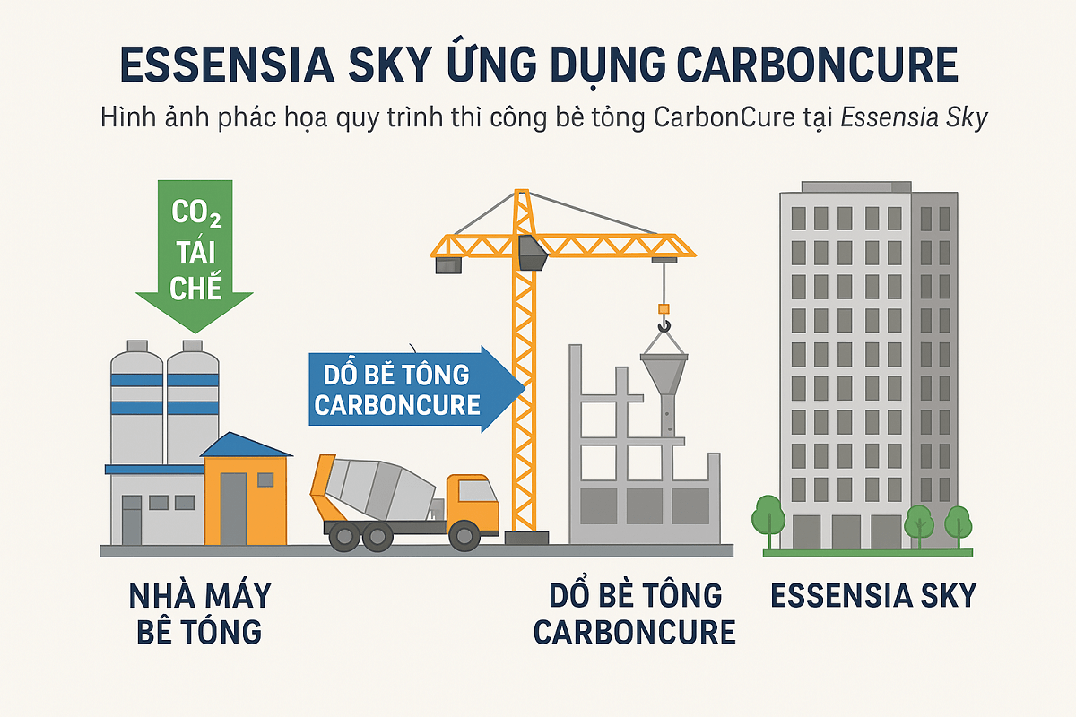 Hình phác họa quy trình thi công bê tông CacbonCure tại Essensia Sky