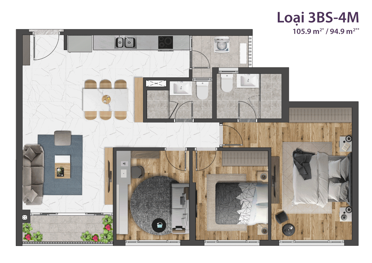 Layout căn 3PN Celesta Rise mẫu 4