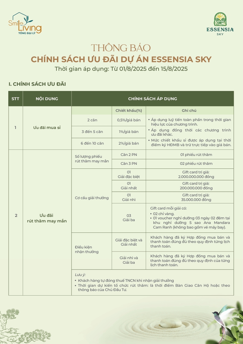 Chương trình bán hàng Essensia Sky tháng 8/2025