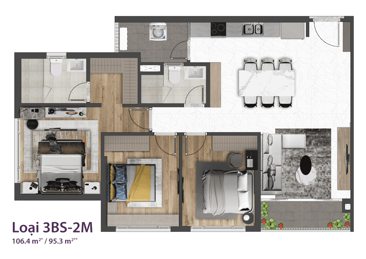 Layout căn 3PN Celesta Rise mẫu 2