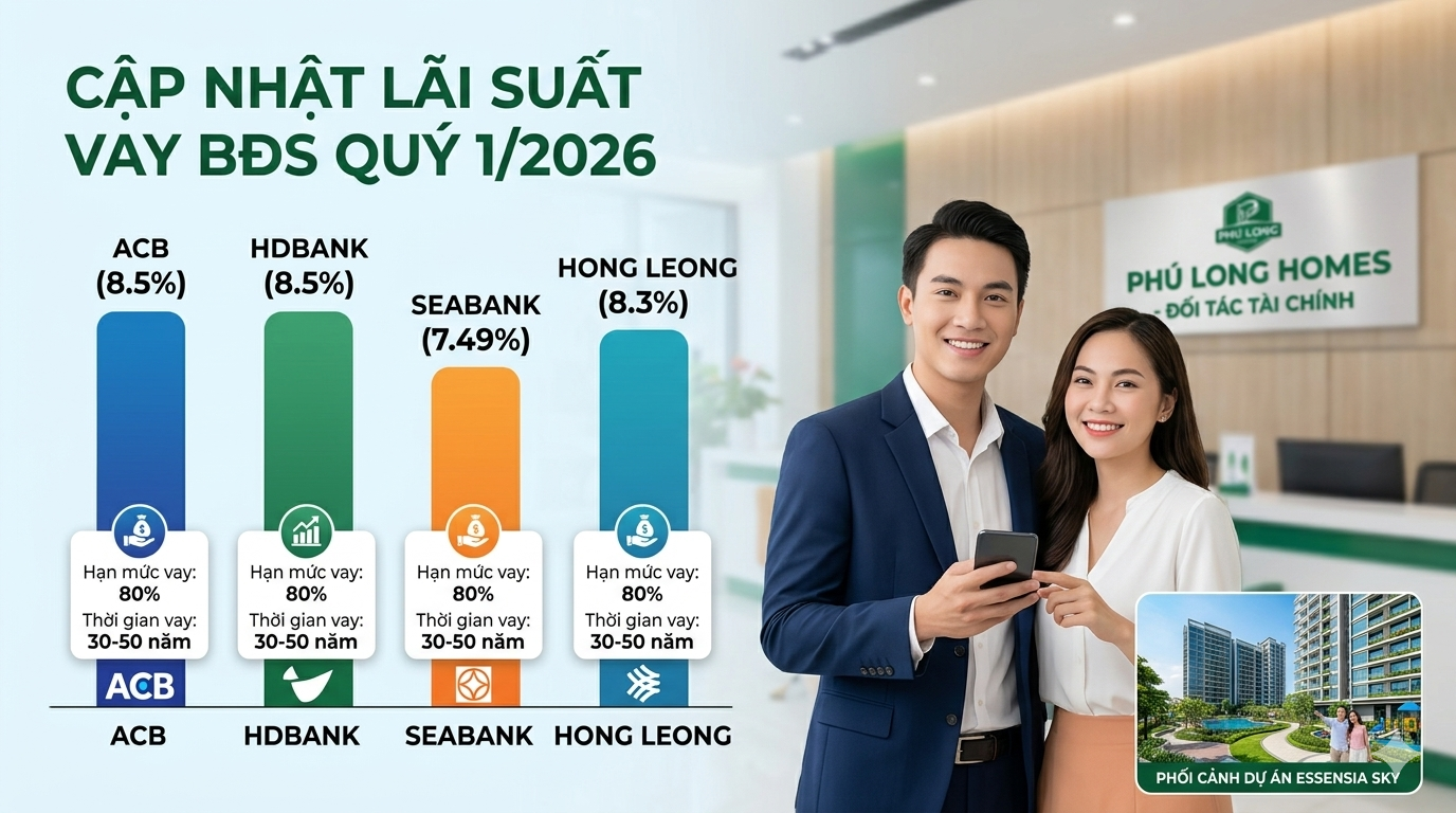 Biểu đồ so sánh lãi suất ngân hàng vay BĐS quý 1 2026 và phối cảnh Celesta Gold