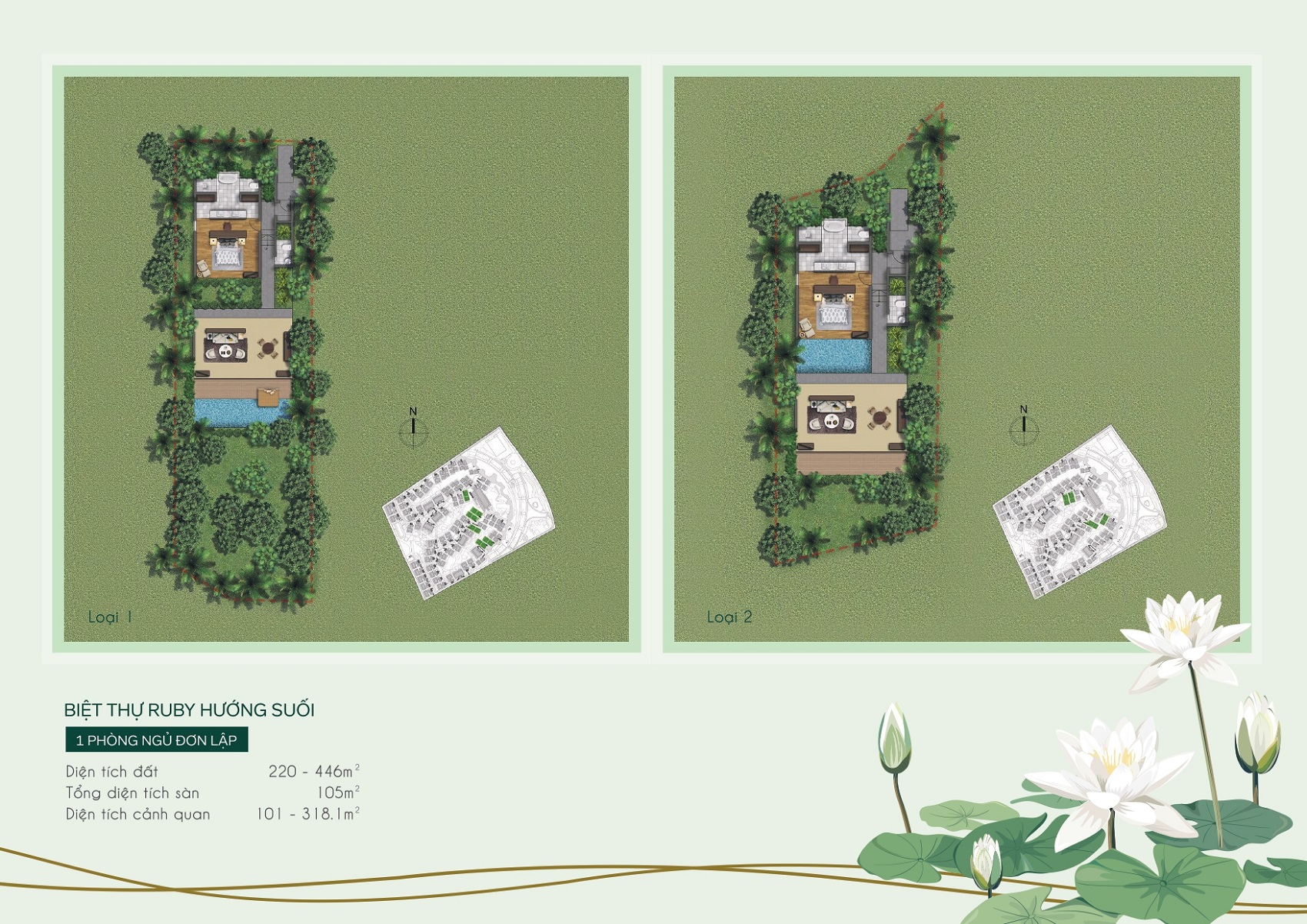 Layout mặt bằng biệt thự Ruby 1 phòng ngủ đơn lập hướng suối Furama Phú Quốc.