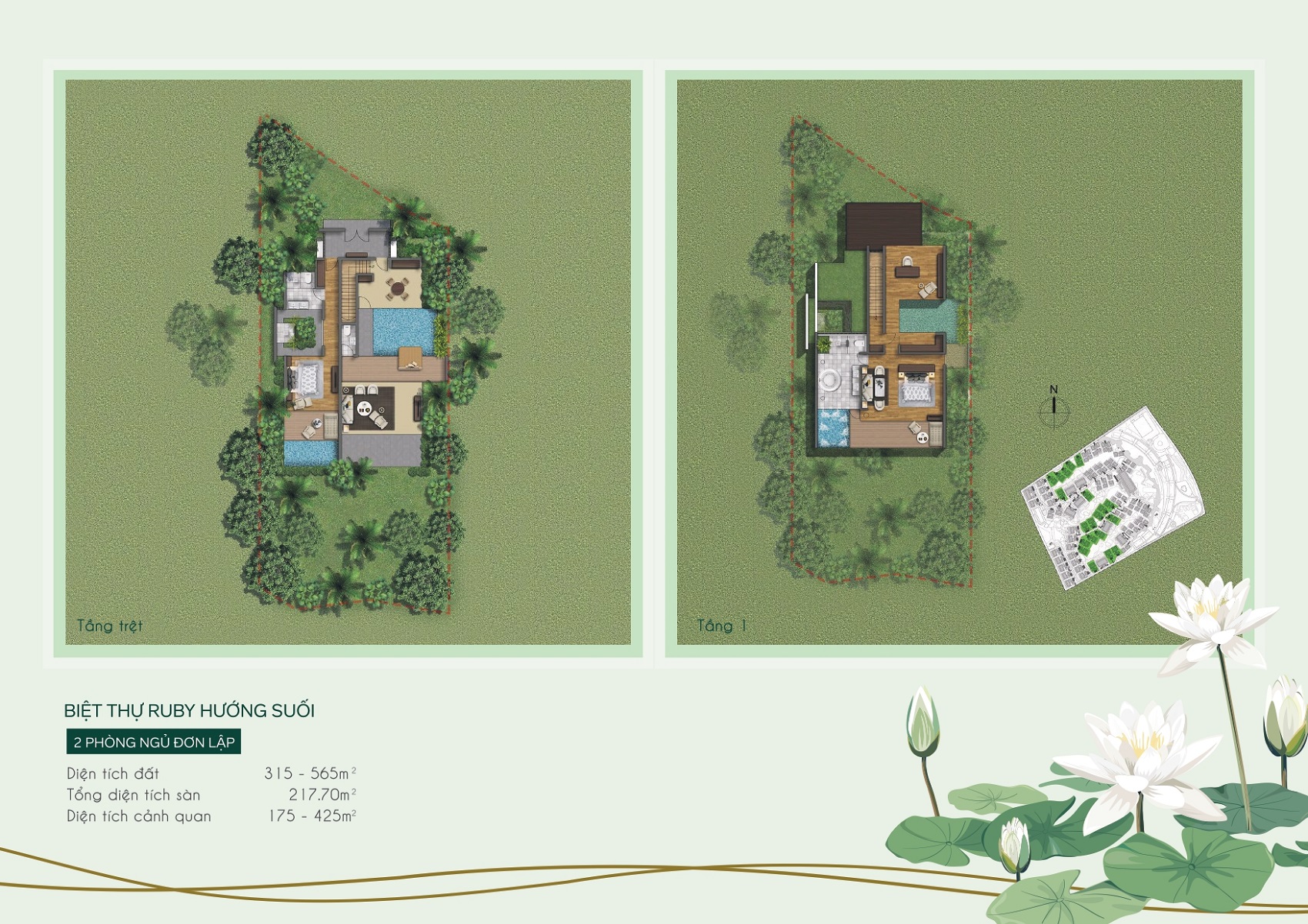 Layout mặt bằng biệt thự Ruby 2 phòng ngủ đơn lập hướng suối Furama Resort Phú Quốc.