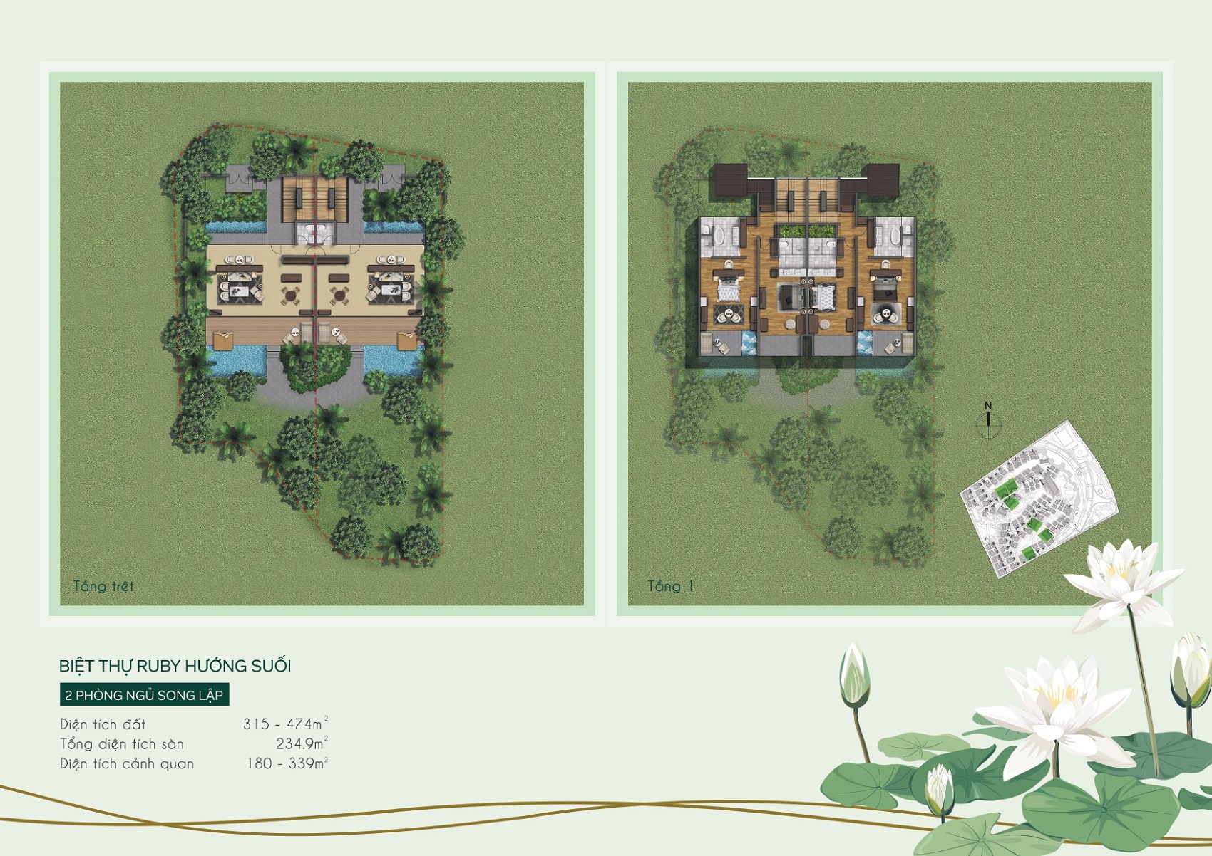 Layout mặt bằng biệt thự Ruby 2 phòng ngủ song lập hướng suối Furama Resort Phú Quốc.