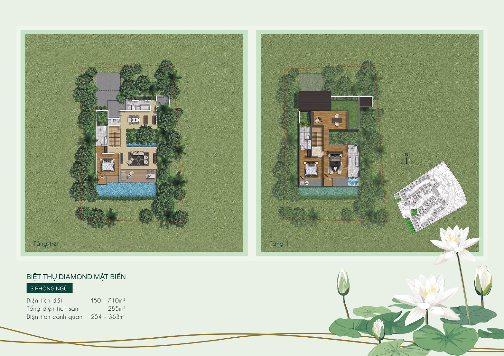 Layout mặt bằng thiết kế biệt thự Diamond 3 phòng ngủ mặt biển Furama Resort & Spa Phú Quốc.