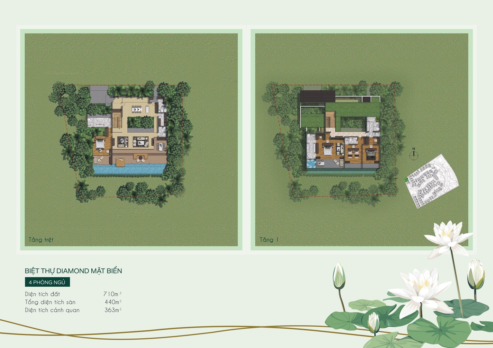 Layout thiết kế mặt bằng biệt thự Diamond 4 phòng ngủ mặt biển Furama Resort & Spa Phú Quốc.