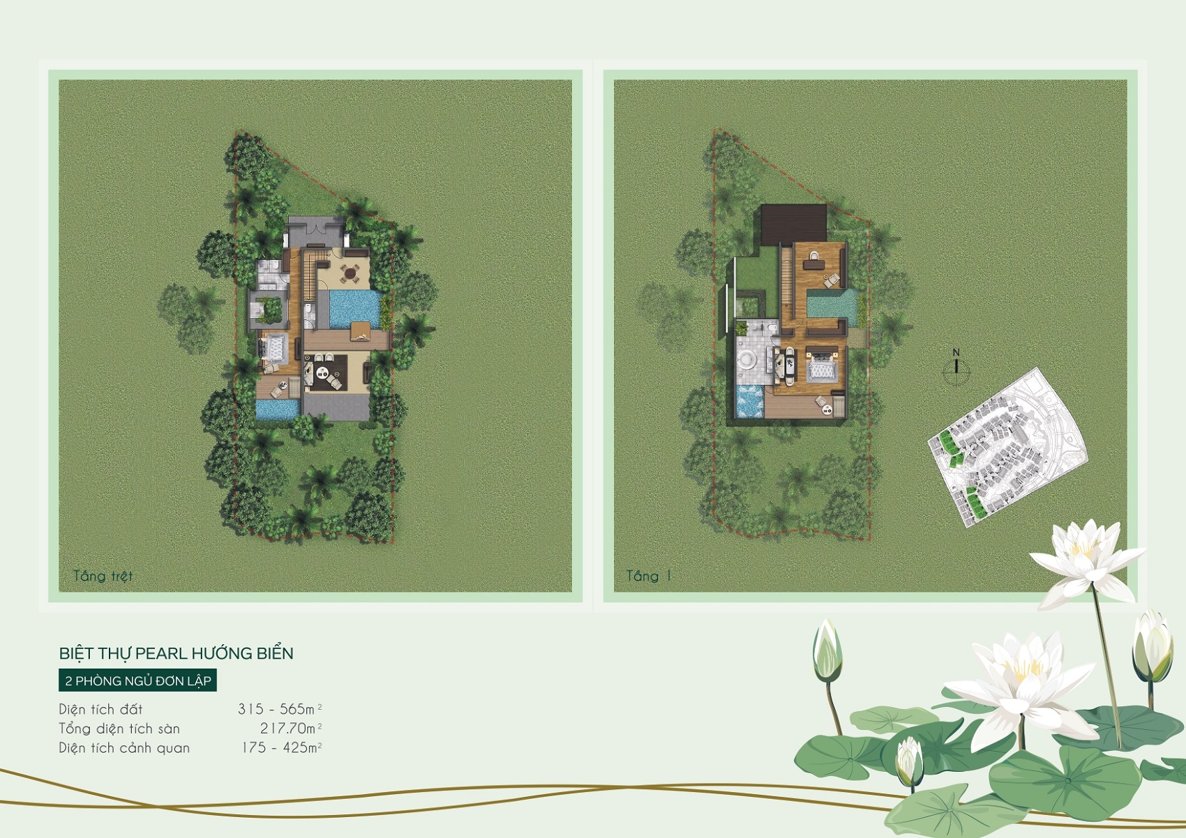 Layout mặt bằng thiết kế biệt thự Pearl 2 phòng ngủ đơn lập hướng biển Furama Resort & Spa Phú Quốc.