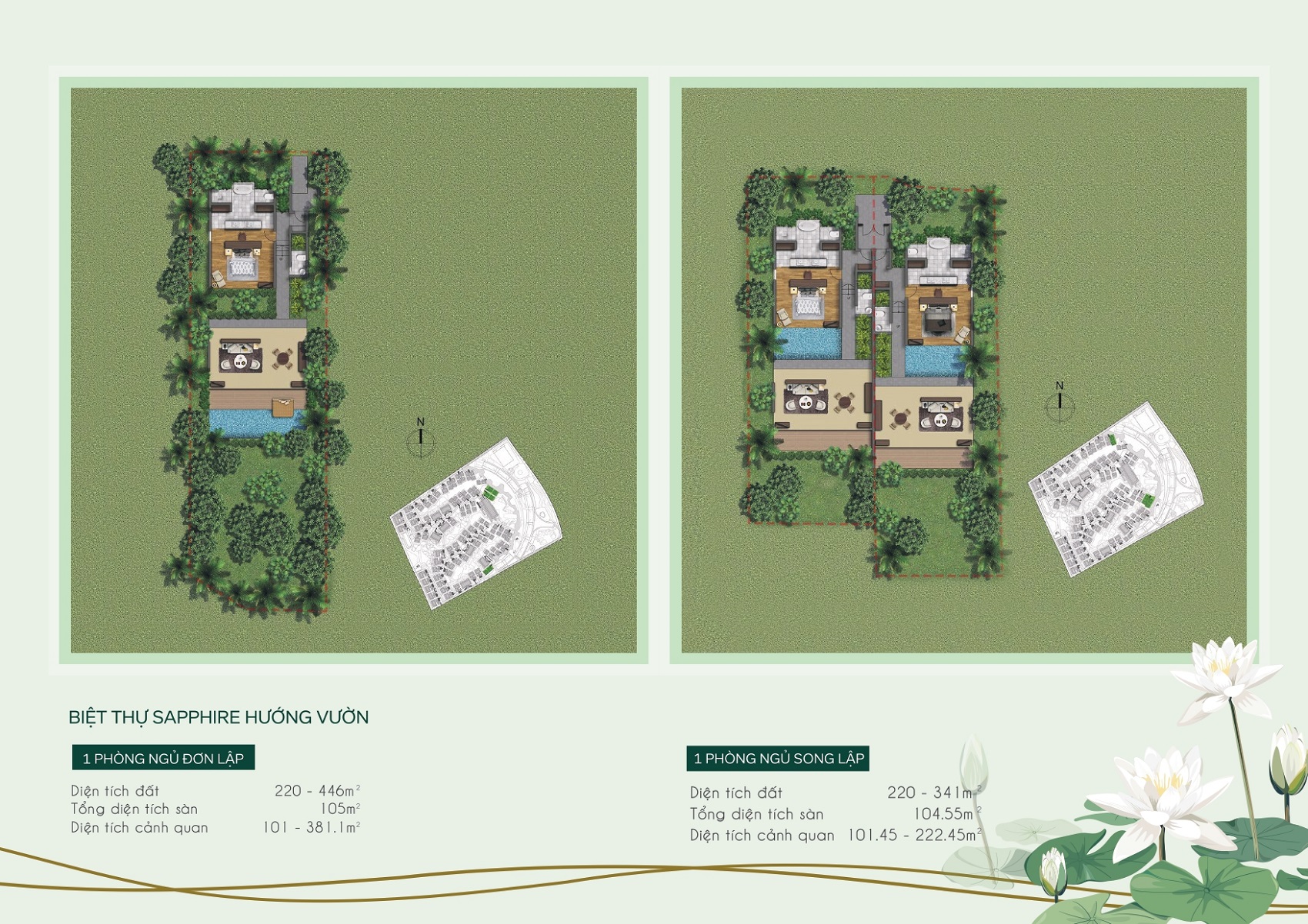 Layout mặt bằng thiết kế biệt thự Sapphire 1 phòng ngủ hướng vườn Furama Resort & Spa Phú Quốc.