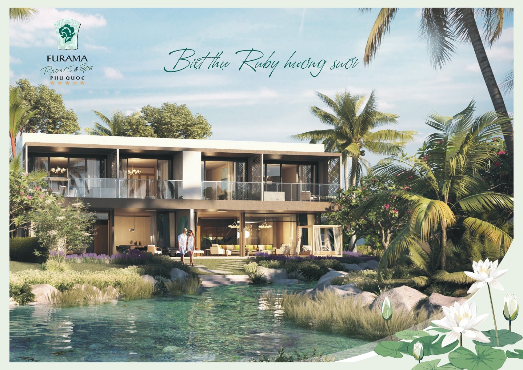 Phối cảnh 3D biệt thự Ruby hướng suối dự án Furama Resort & Spa Phú Quốc.