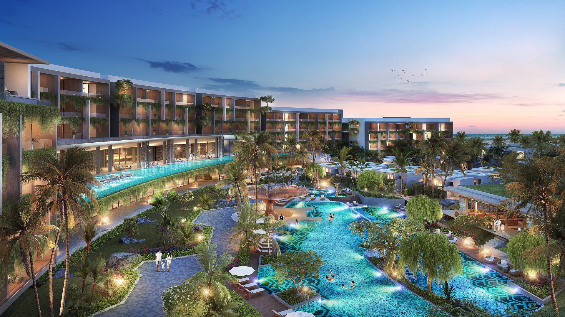 Phối cảnh Furama Resort & Spa Phú Quốc với hồ bơi trung tâm và khu biệt thự nghỉ dưỡng cao cấp