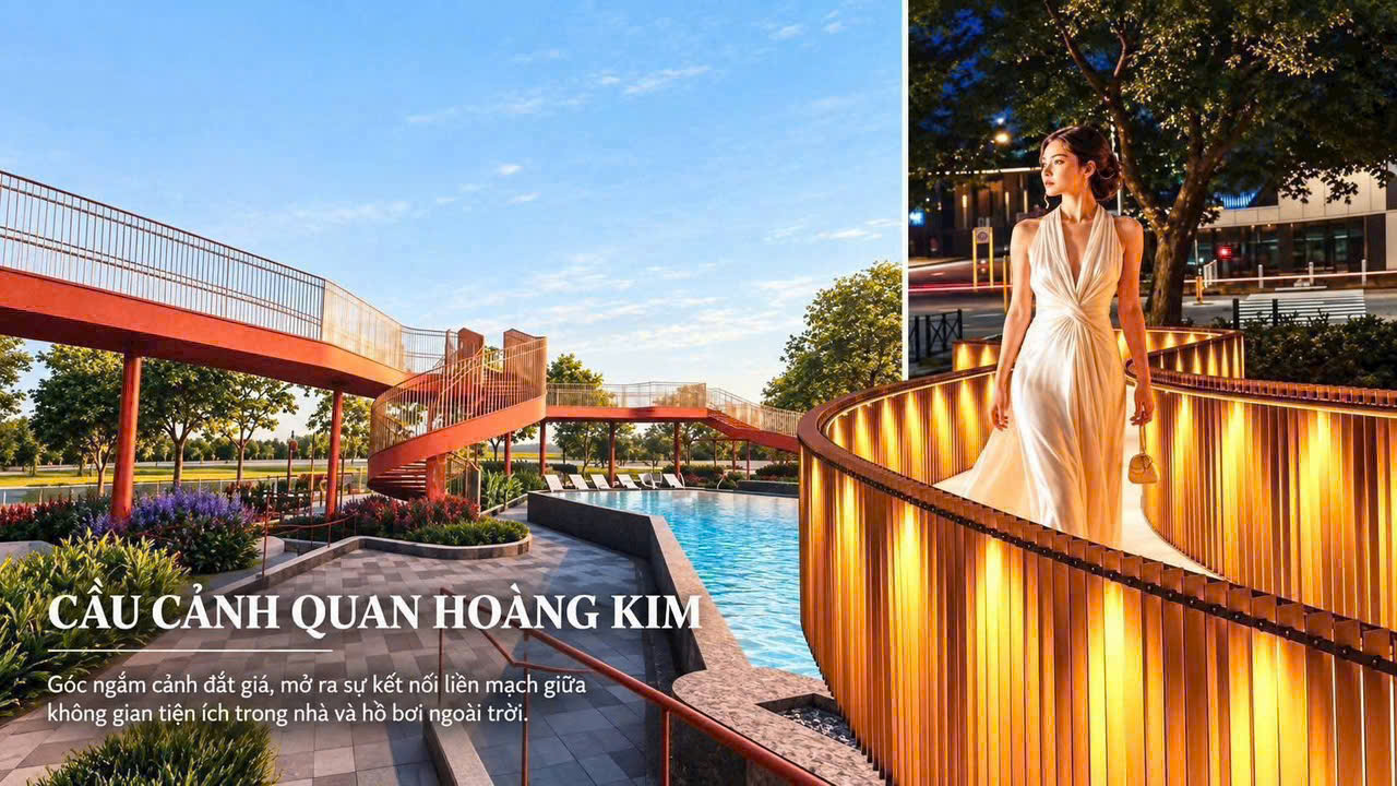 Cầu cảnh quan Hoàng Kim tại Celesta Gold kết nối không gian tiện ích trong nhà và hồ bơi ngoài trời.