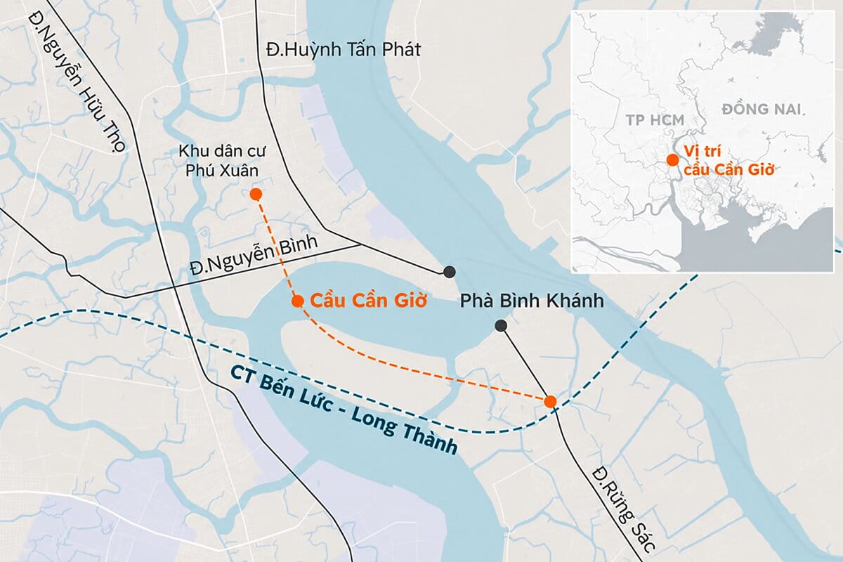 Bản đồ hướng tuyến Cầu Cần Giờ từ Nhà Bè đến Bình Khánh