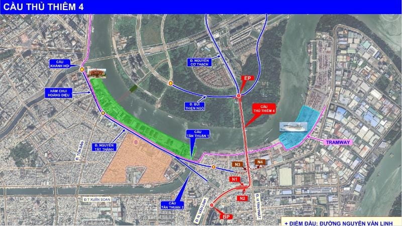 Hướng tuyến Cầu Thủ Thiêm 4 từ Nguyễn Văn Linh đến Nguyễn Cơ Thạch