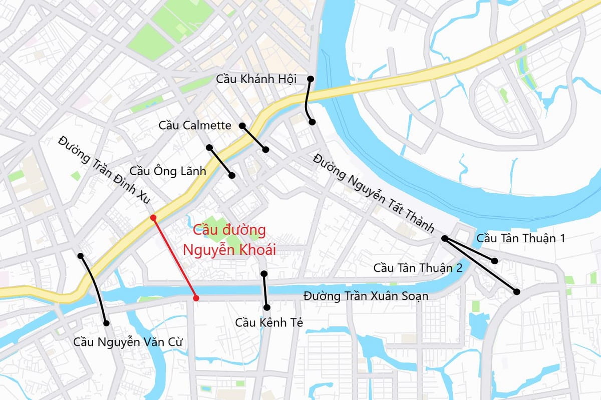 Bản đồ vị trí cầu đường Nguyễn Khoái kết nối khu Nam với trung tâm TP.HCM